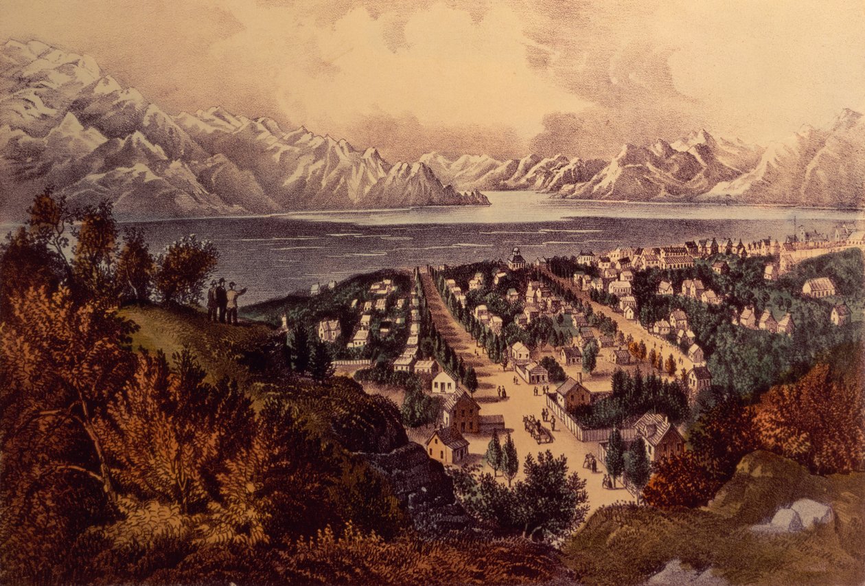 Great Salt Lake, Utah (farge litho) av N. and Ives, J.M. Currier