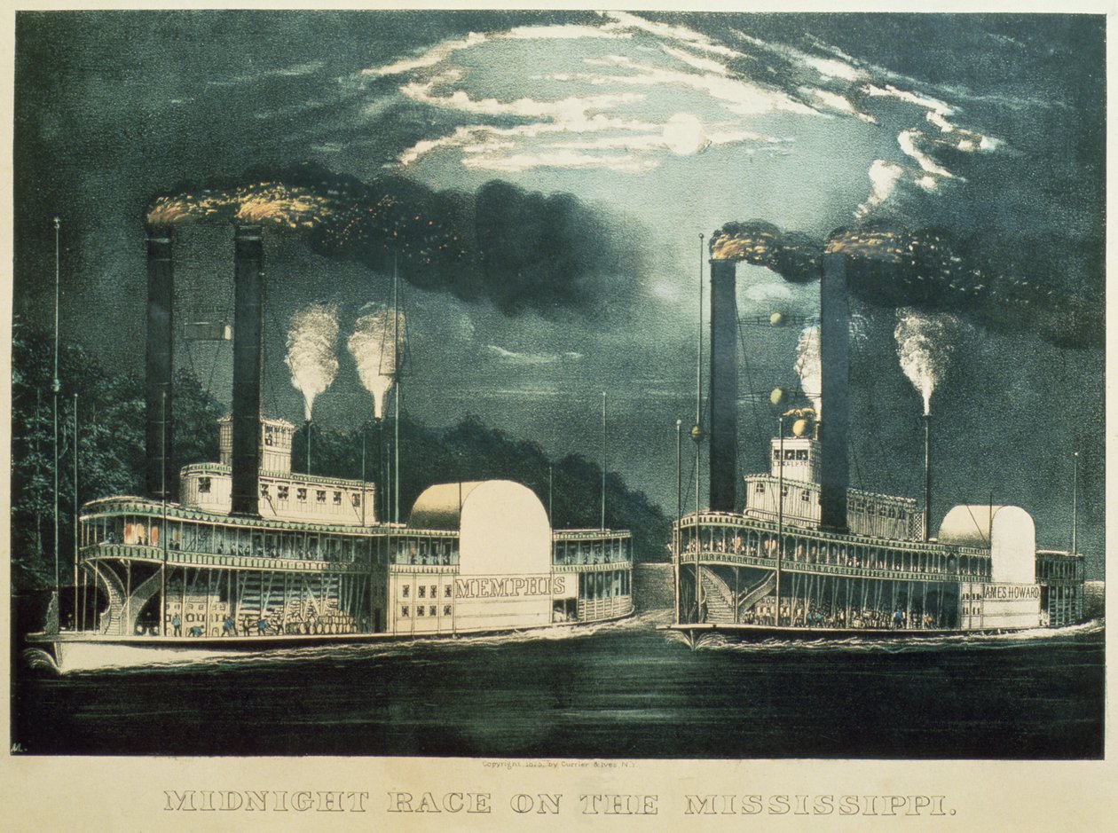 Midnattsløp på Mississippi, 1875 av N. and Ives, J.M. Currier