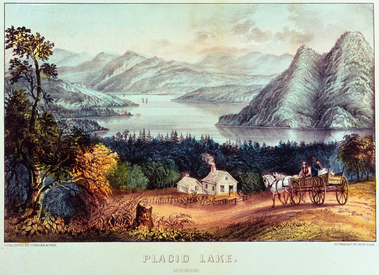 Stille innsjø, Adirondacks av N. and Ives, J.M. Currier