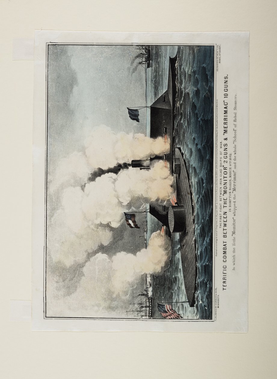 Fantastisk kamp mellom Monitor to kanoner og Merrimac ti kanoner, ca. 1862 av N. and Ives, J.M. Currier