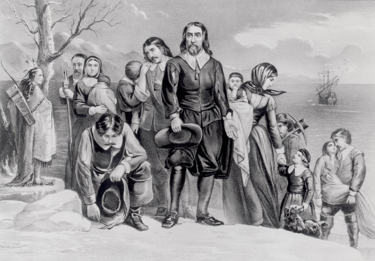 The Landing of the Pilgrims at Plymouth, Mass. 22. desember 1620, pub. 1876 av N. and Ives, J.M. Currier