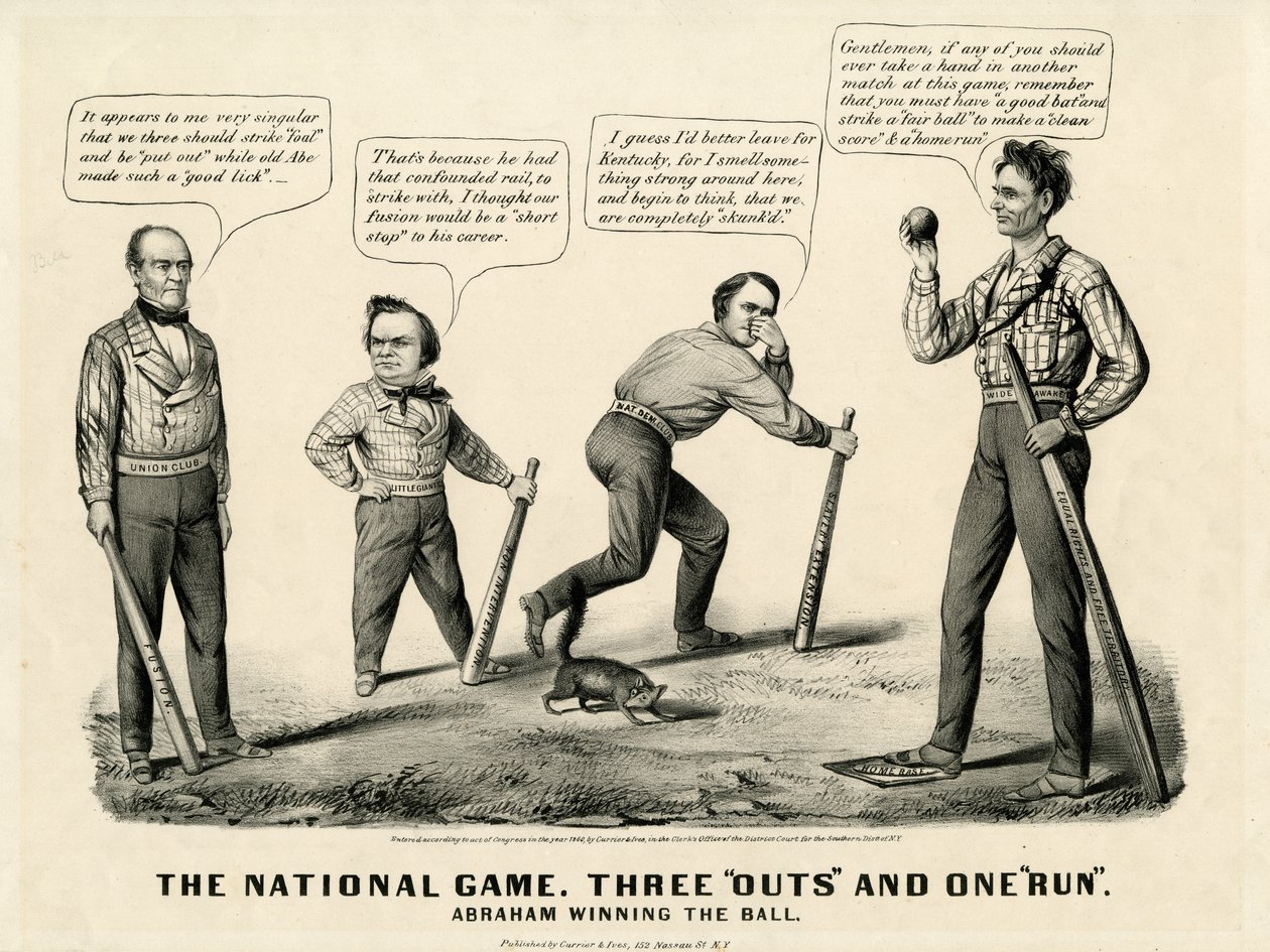 The National Game: Three Outs and One Run, Abraham Winning the Ball, 1860 av N. and Ives, J.M. Currier