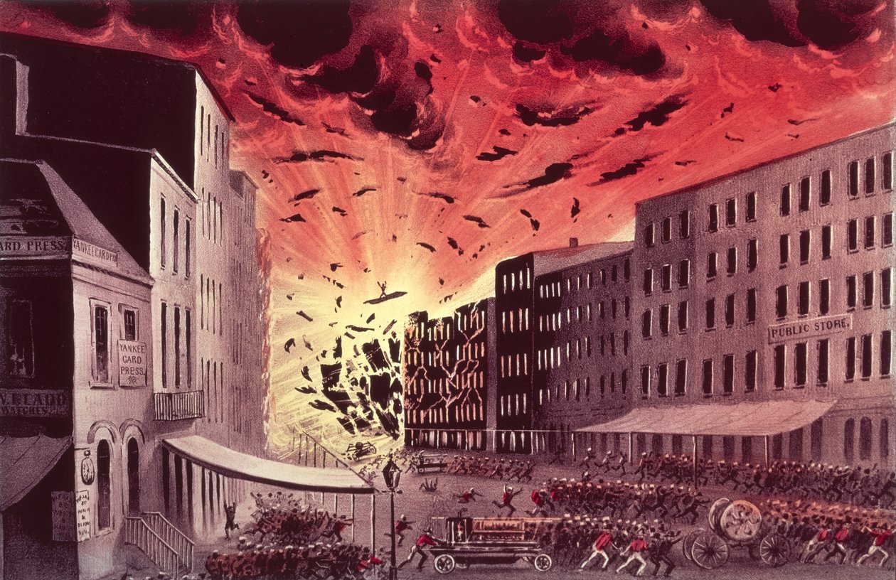 Utsikt over den forferdelige eksplosjonen ved den store brannen i New York, 19. juli 1845, (trykk) av N. and Ives, J.M. Currier