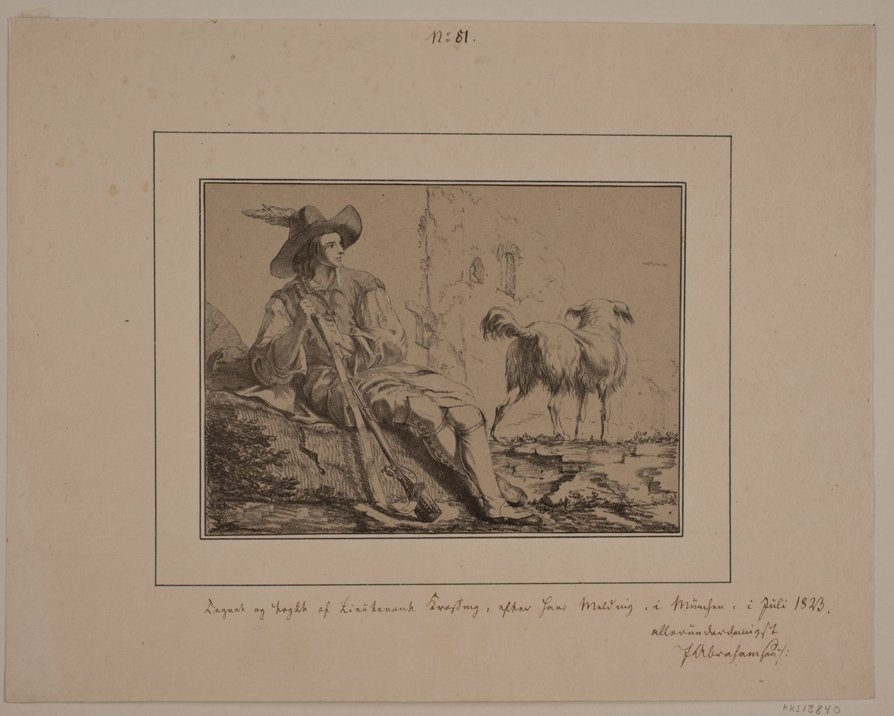 Sittende jeger og en hund av N.B. Krossing