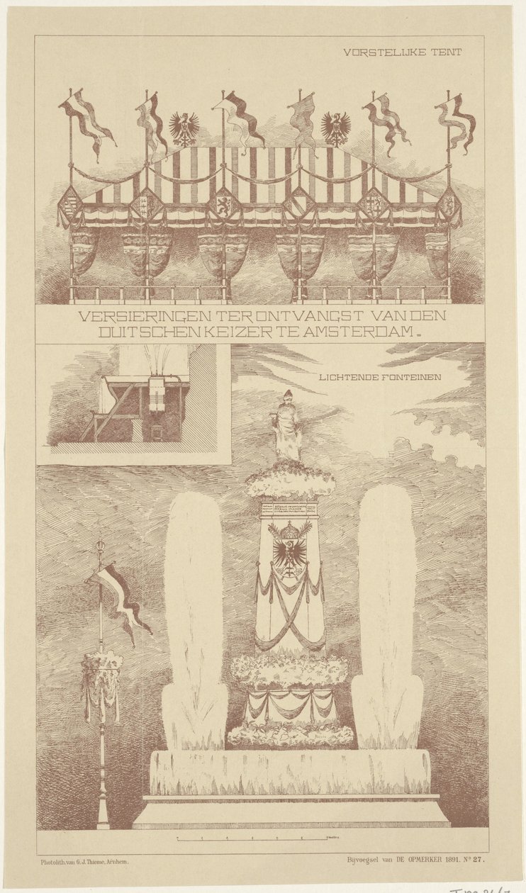 Dekorasjoner under besøket av den tyske keiseren til Amsterdam, 1891 Dekorasjoner for mottak av den tyske keiseren i Amsterdam (tittel på objekt) av NV Drukkerij G.J. Thieme