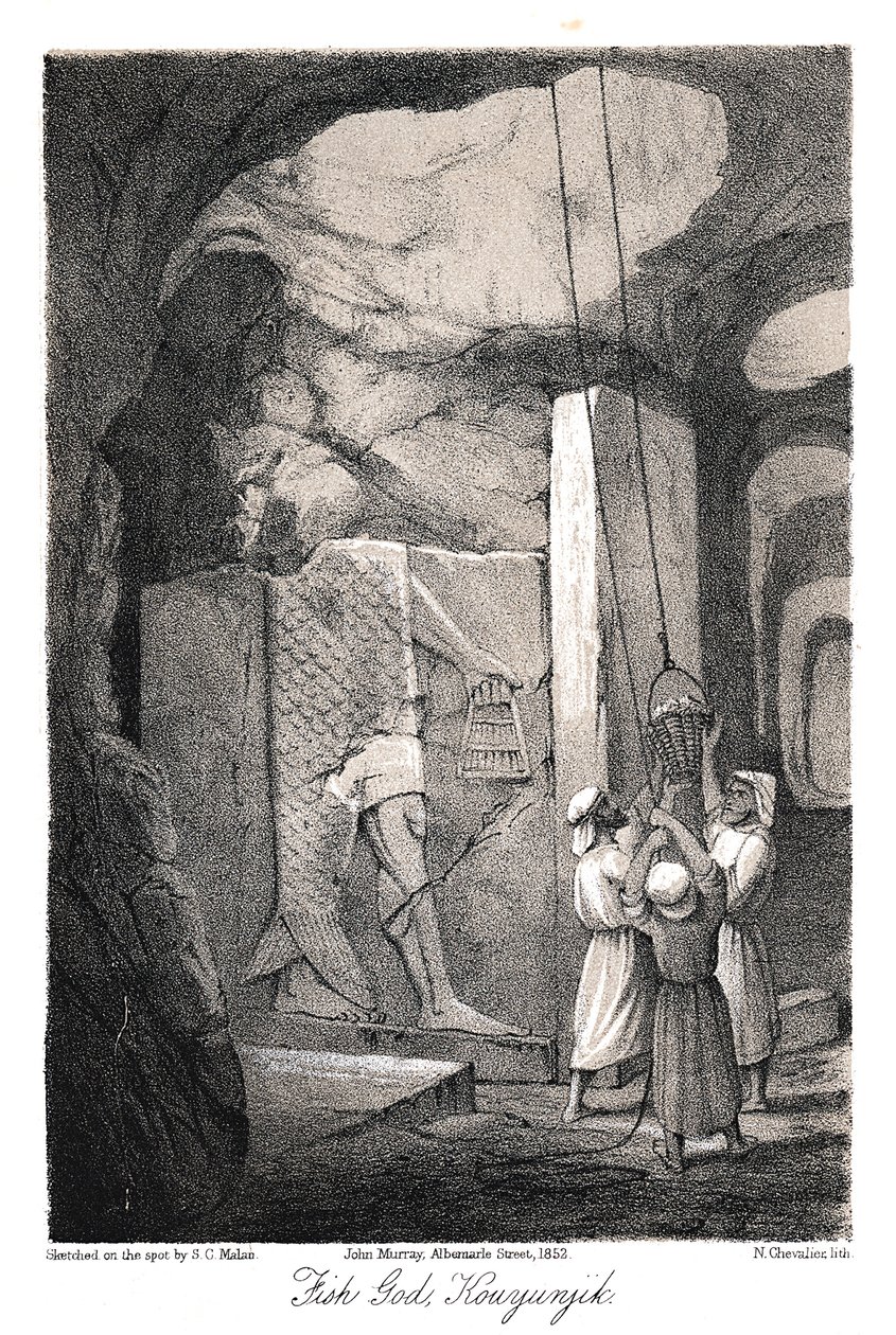 Utgraving av en lavrelieff utskjæring av fiskeguden Dagon, Nineveh, 1853 av N. Chevalier