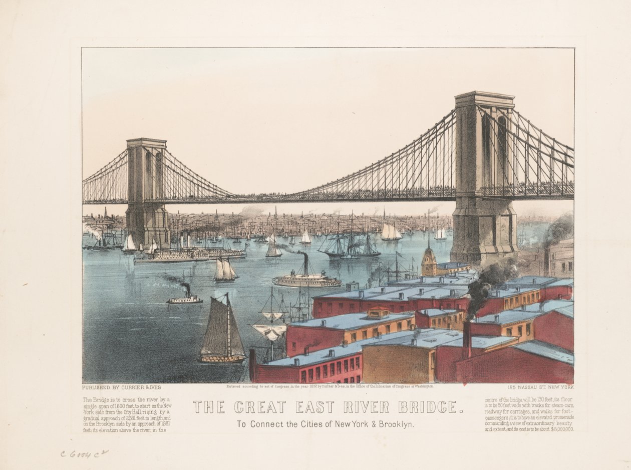 Den store East River-broen: for å forbinde byene New York og Brooklyn, ca. 1872 av Nathaniel Currier