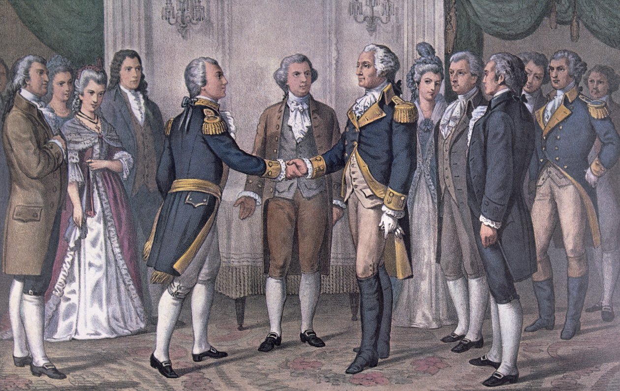 Det første møtet mellom general George Washington (1732-99) og Marquis de La Fayette (1757-1834) Philadelphia, 3. august 1777, publisert i 1876 (farge litho) av N. and Ives J.M. (after) Currier