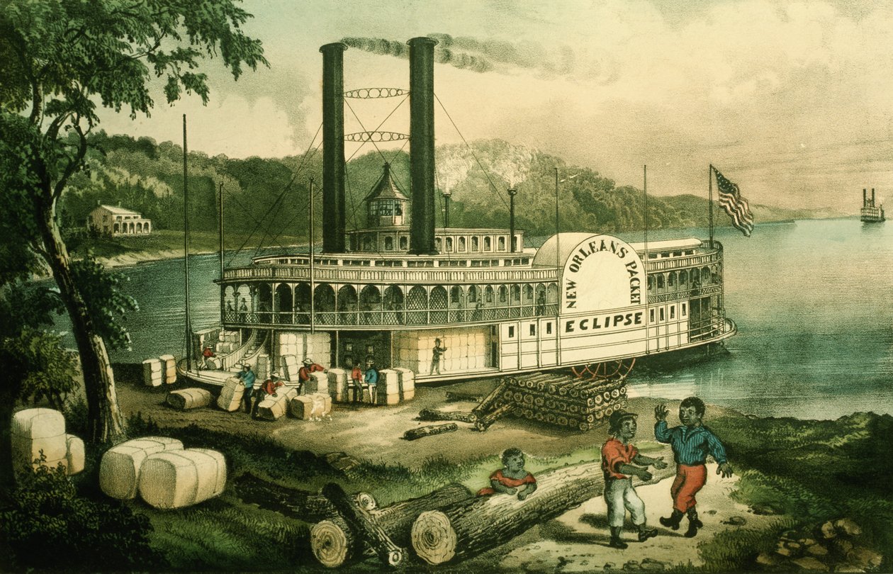 Laster bomull på Mississippi av N. and Ives J.M. (1824-95) Currier