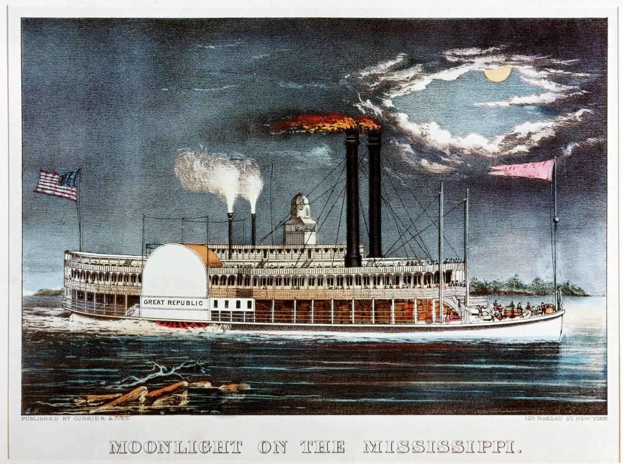 Måneskinn på Mississippi, dampskipet Great Republic … (farget trykk) av N. and Ives J.M. (1824-95) Currier