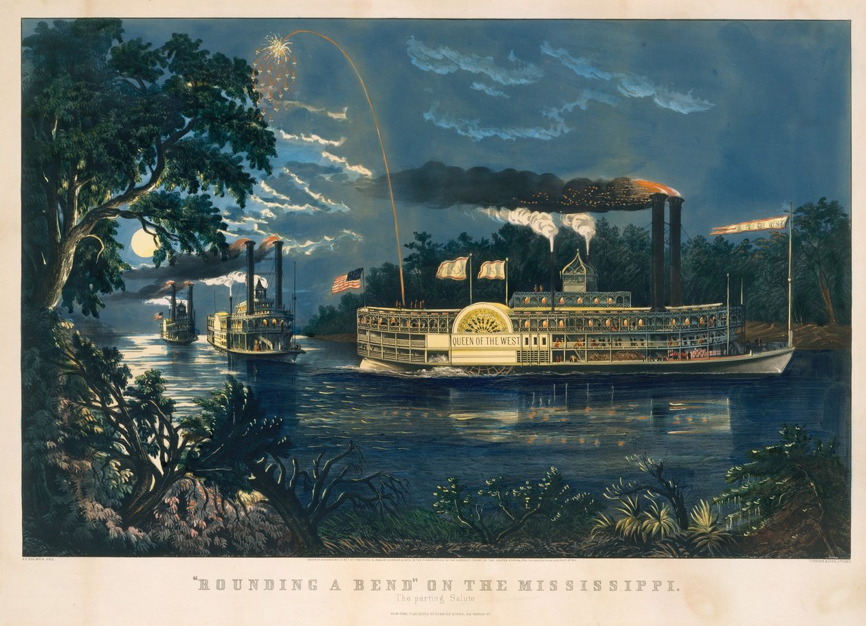 "Rounding a Bend" på Mississippi - The Parting Salute av Currier and Ives