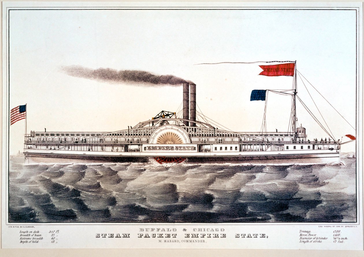 Damppakkebåten Empire State, som forbinder Buffalo og Chicago … (farget trykk) av N. and Ives J.M. (1824-95) Currier