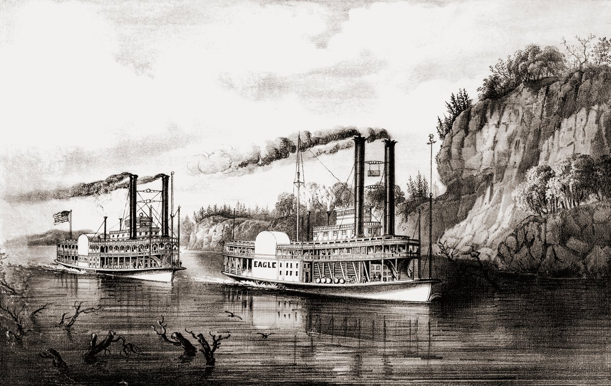 Dampbåter som kappseiler på Mississippi-elven, USA. av N. and Ives J.M. Currier