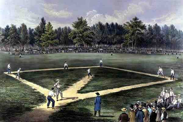 The American National Game of Baseball, Grand Match For The Championship på The Elysian Fields, Hoboken, N.J. 1866 (farge litho) av Currier and Ives