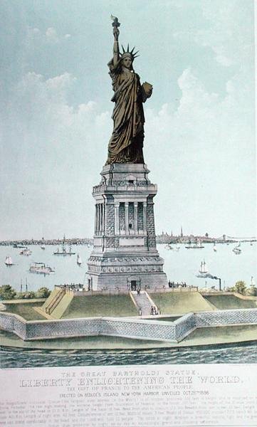 Den store Bartholdi-statuen, Liberty Enlightening the World (farge litho) av Currier and Ives