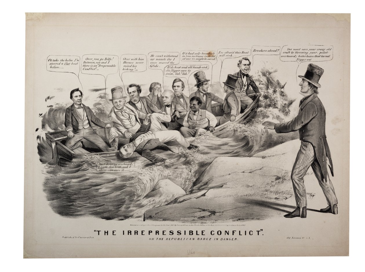 Den ustoppelige konflikten eller den republikanske prammen i fare av N. and Ives J.M. (1824-95) Currier