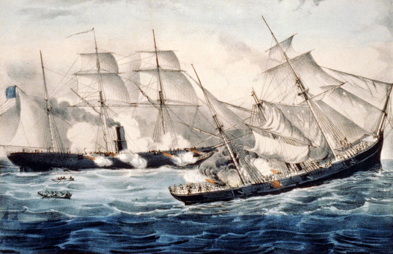 USAs krigsslup utenfor Cherbourg, Frankrike, søndag 19. juni. 1864. Illustrasjon av Currier & Ives. c1864. av N. Currier and Ives J.M.