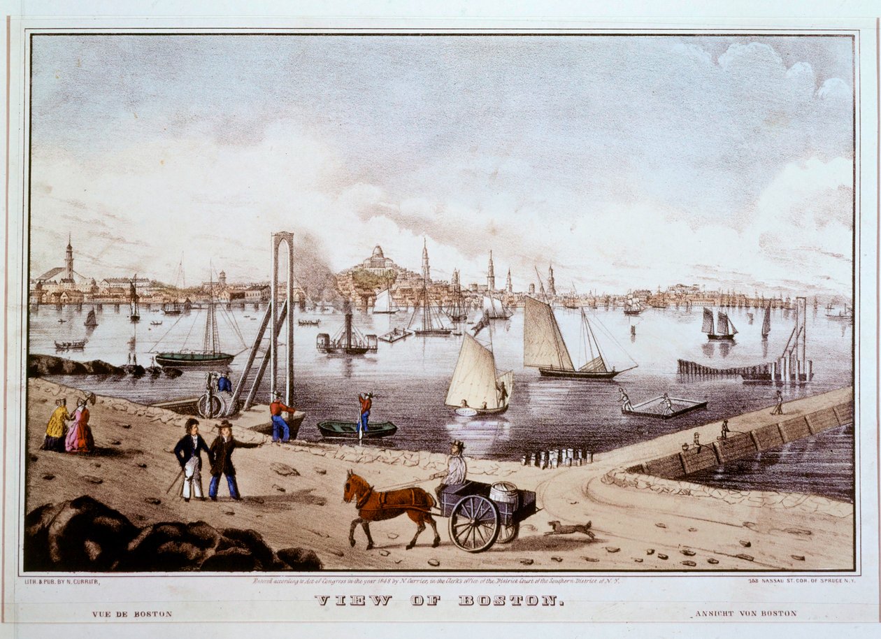 Utsikt over Boston med Boston havn … (farget trykk) av N. and Ives J.M. (1824-95) Currier