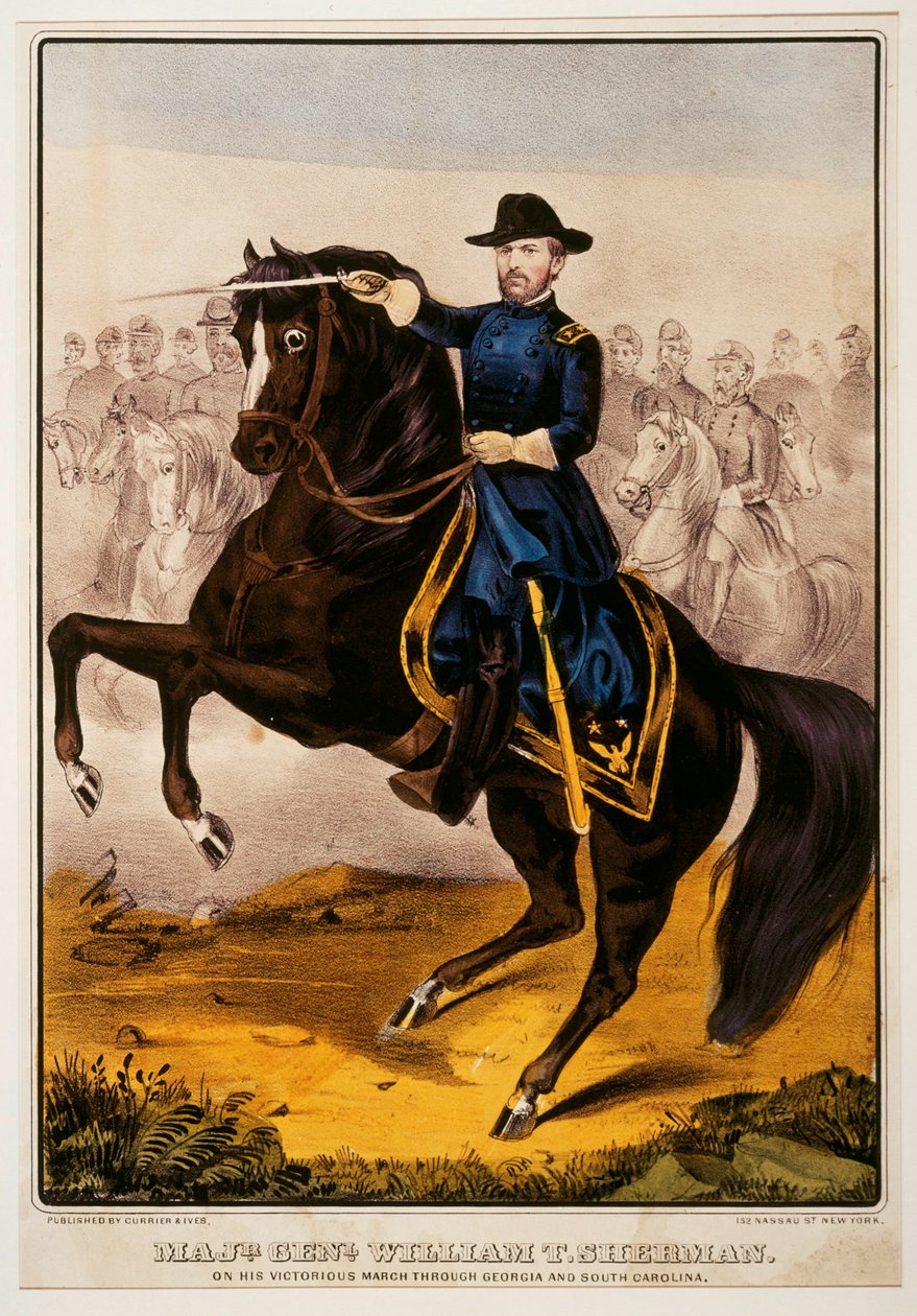 William Tecumseh Sherman, general i unionen under den amerikanske borgerkrigen … (farget trykk) av N. and Ives J.M. (1824-95) Currier