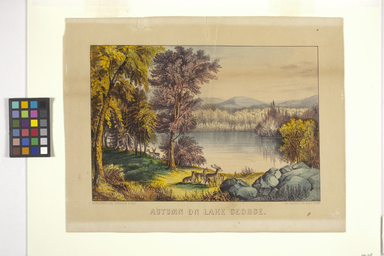 Autumn On Lake George (håndfarget litografi) av N. and Ives J.M. (1824 95) Currier