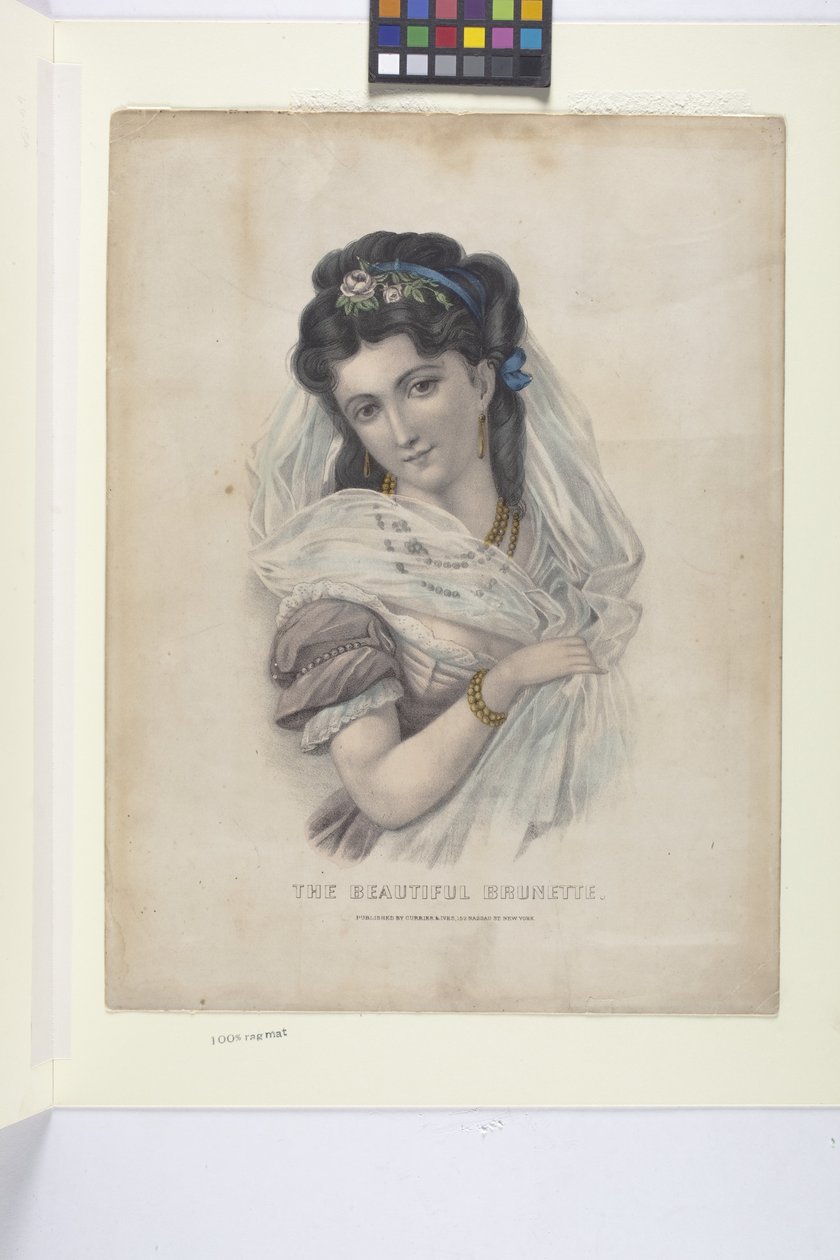 Vakker brunette (håndfarget litografi) av N. and Ives J.M. (1824 95) Currier