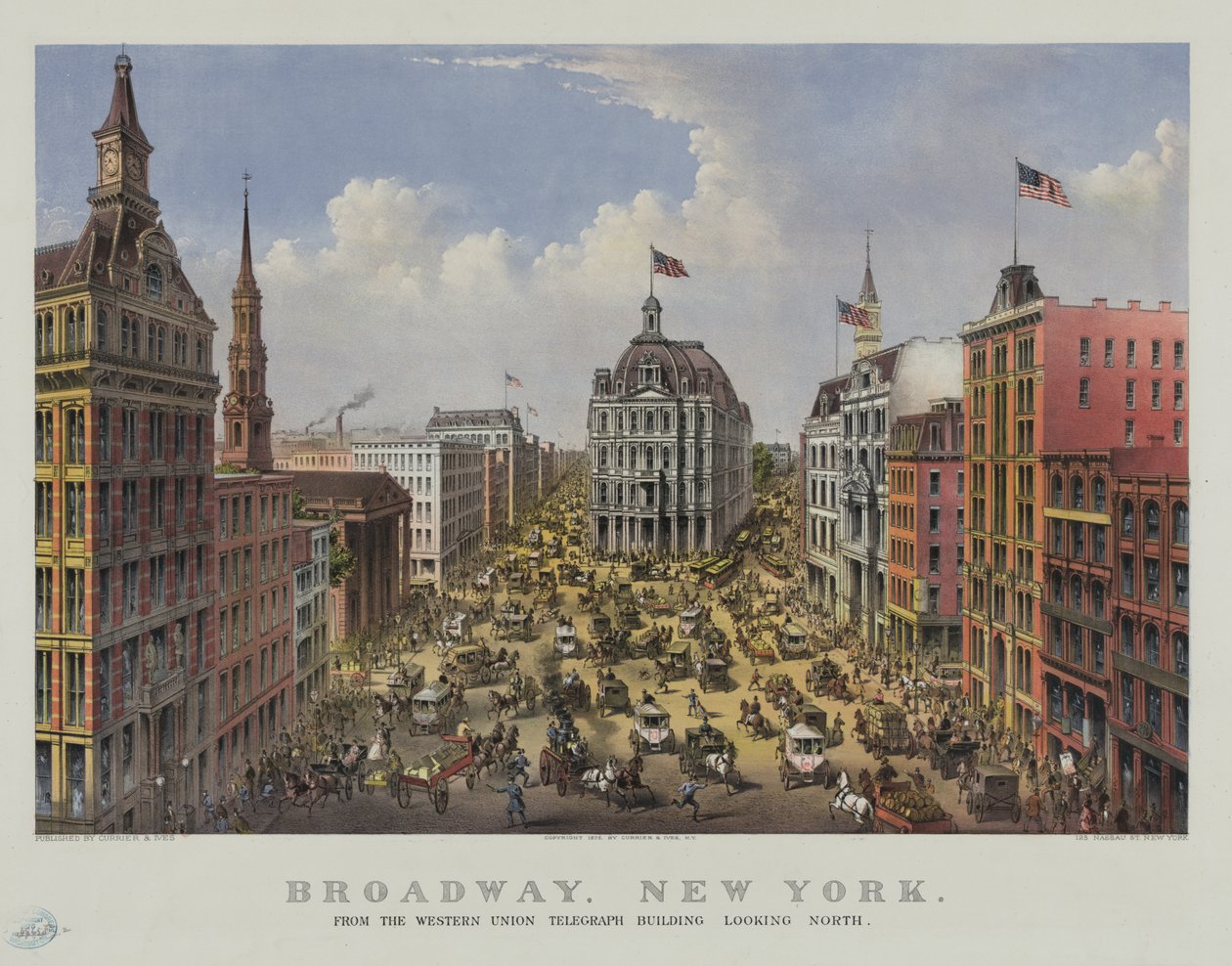 Broadway, New York fra Western Union telegraph Building ser nordover av Currier and Ives