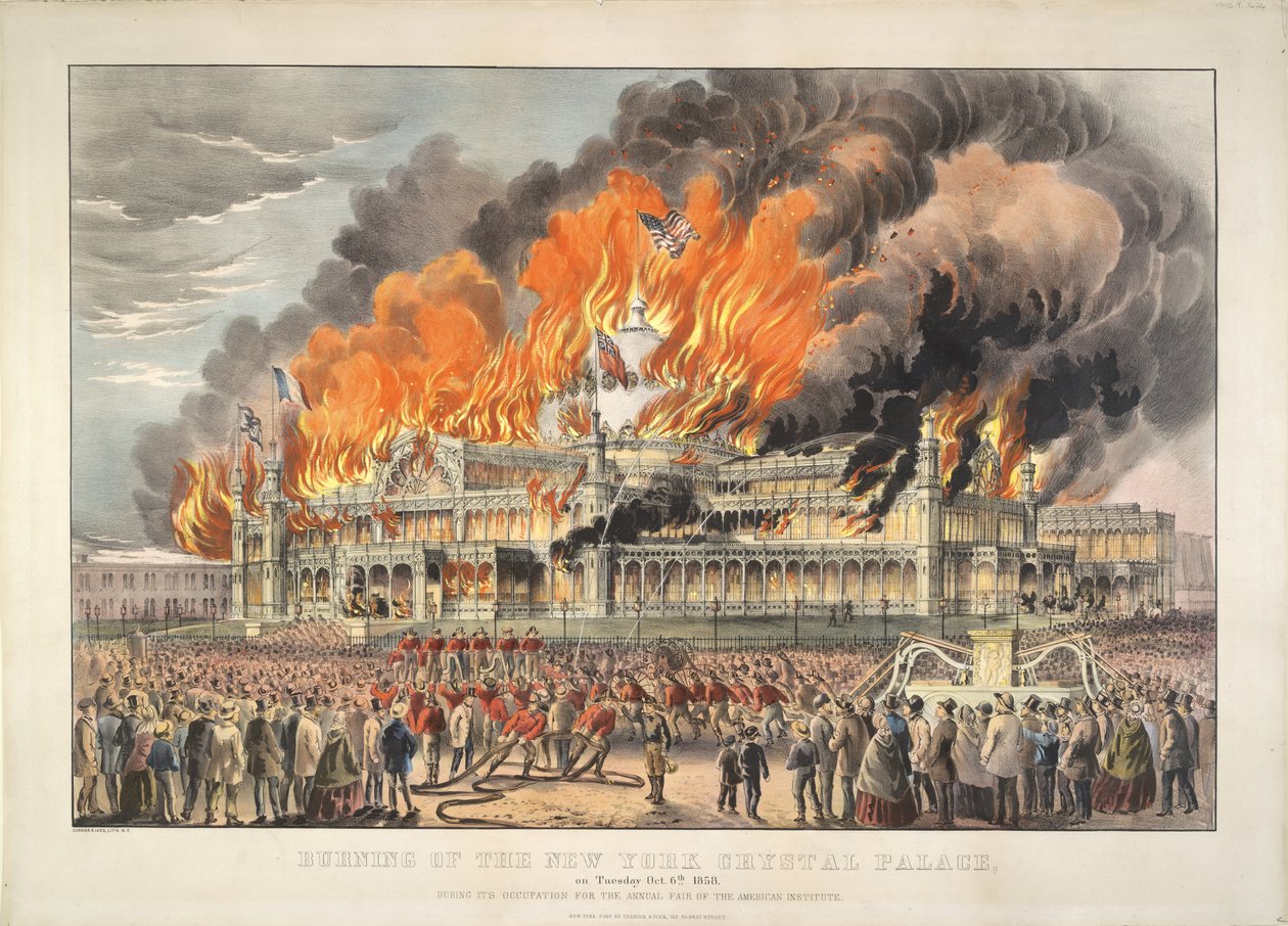 Brenning av New York Crystal Palace tirsdag 5. oktober 1858 (fargelitografi)   Farget litografi av Currier and Ives