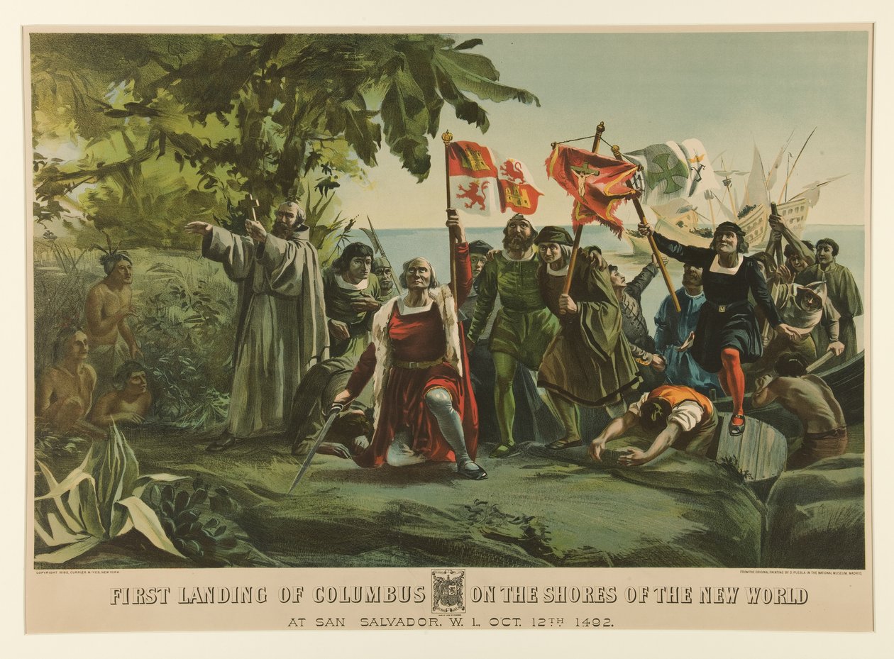 Første landing av Columbus på bredden av den nye verden av Currier and Ives