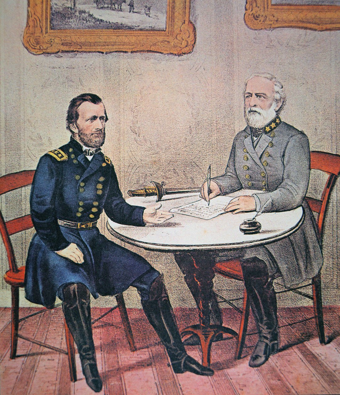 General Robert E. Lee (1807-70) overgir seg til general Ulysses S. Grant (1822-85) ved Appomattox tinghus, 9. april 1865 (lito i farger) av Currier and Ives