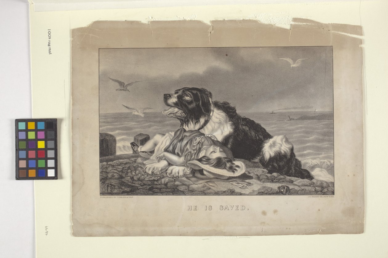 Han er frelst (håndfarget litografi) av N. and Ives J.M. (1824 95) Currier
