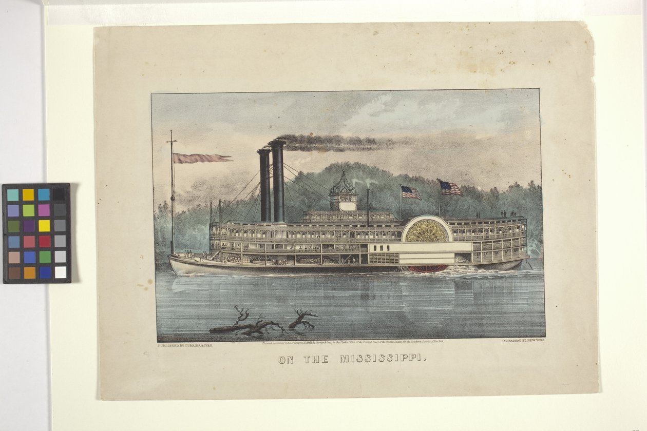 On The Mississippi (håndfarget litografi) av N. and Ives J.M. (1824 95) Currier