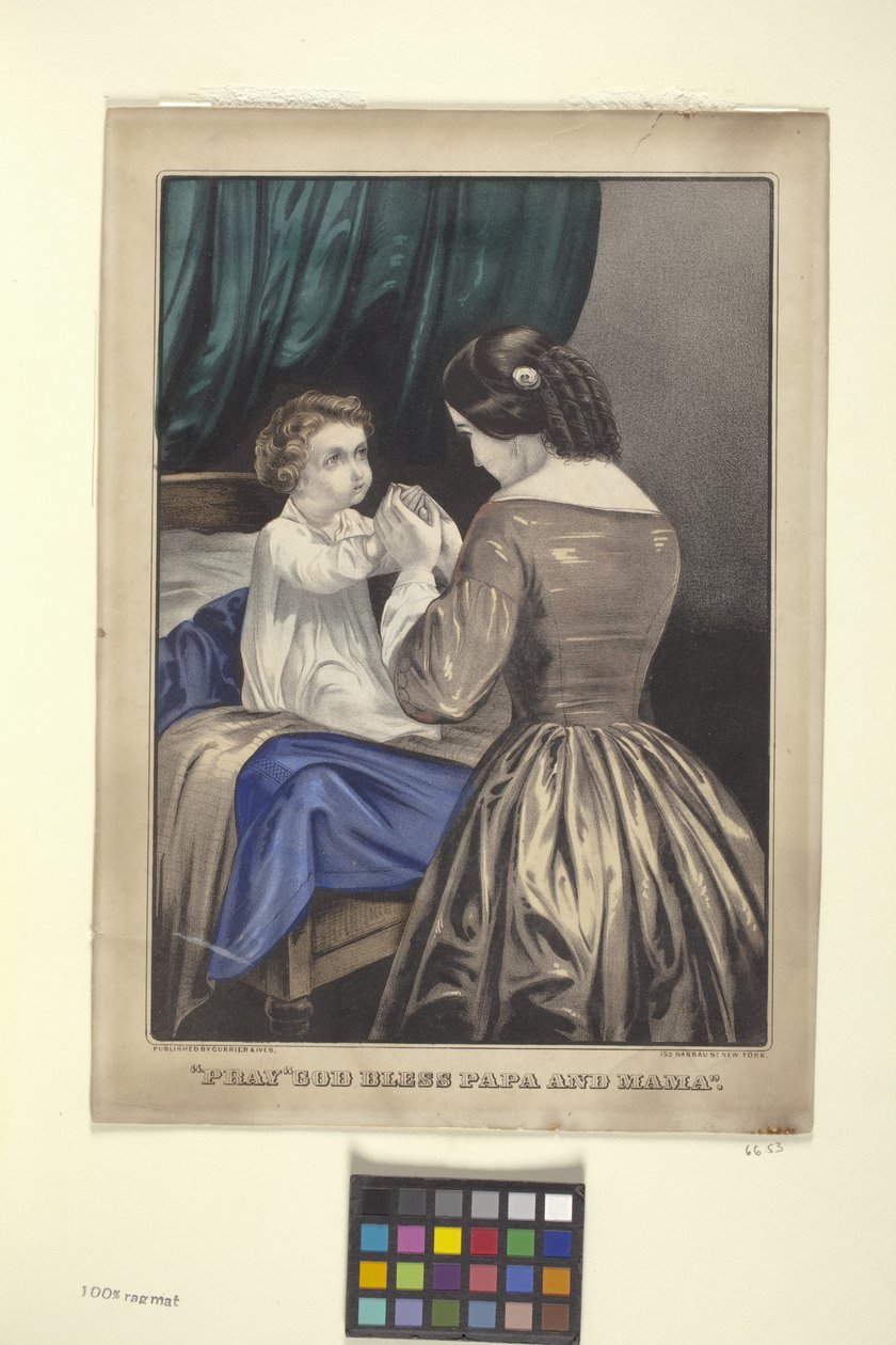 "Be" Gud velsigne pappa og mamma" (håndfarget litografi) av N. and Ives J.M. (1824 95) Currier
