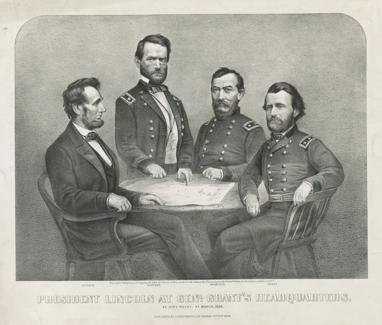 President Lincoln ved Genl. Grants hovedkvarter, ca. 1865 (litografi) av Currier and Ives