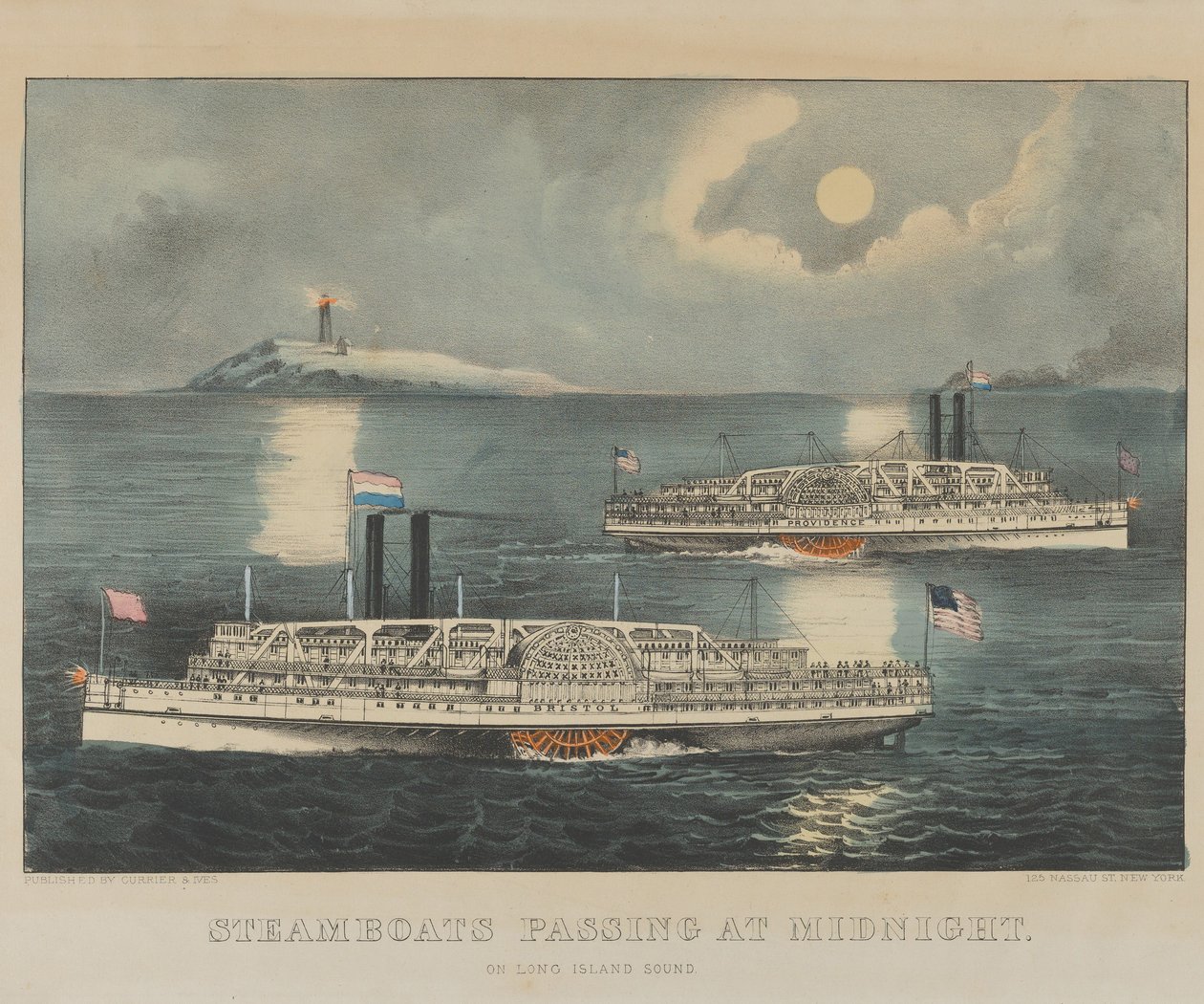 Dampbåter passerer ved midnatt på Long Island Sound av Currier and Ives
