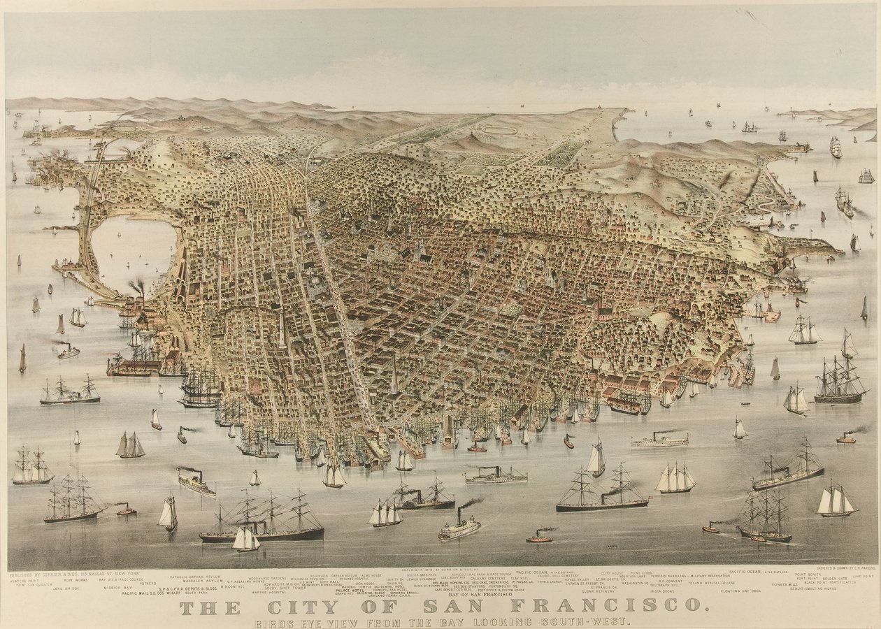 The City of San Francisco - Fugleperspektiv fra bukten, sørvestover av Currier and Ives