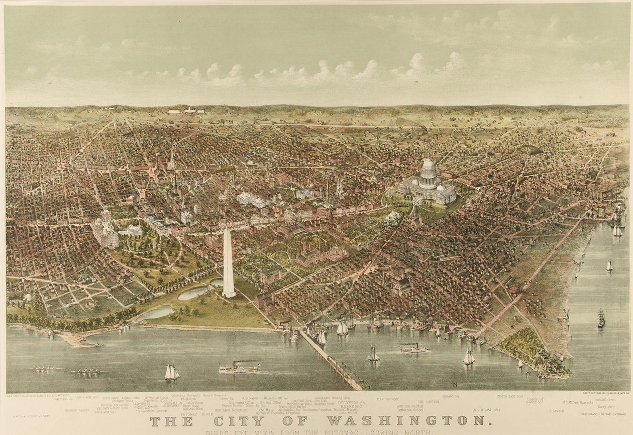The City of Washington: Fugleperspektiv fra Potomac mot nord av Currier and Ives