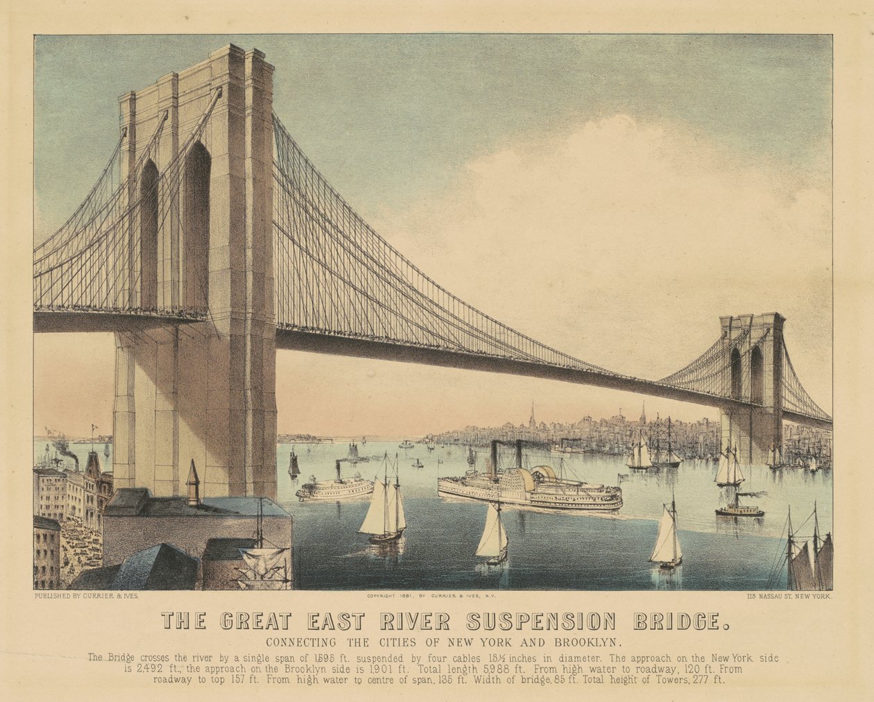 The Great East River Suspension Bridge som forbinder byene New York og Brooklyn av Currier and Ives