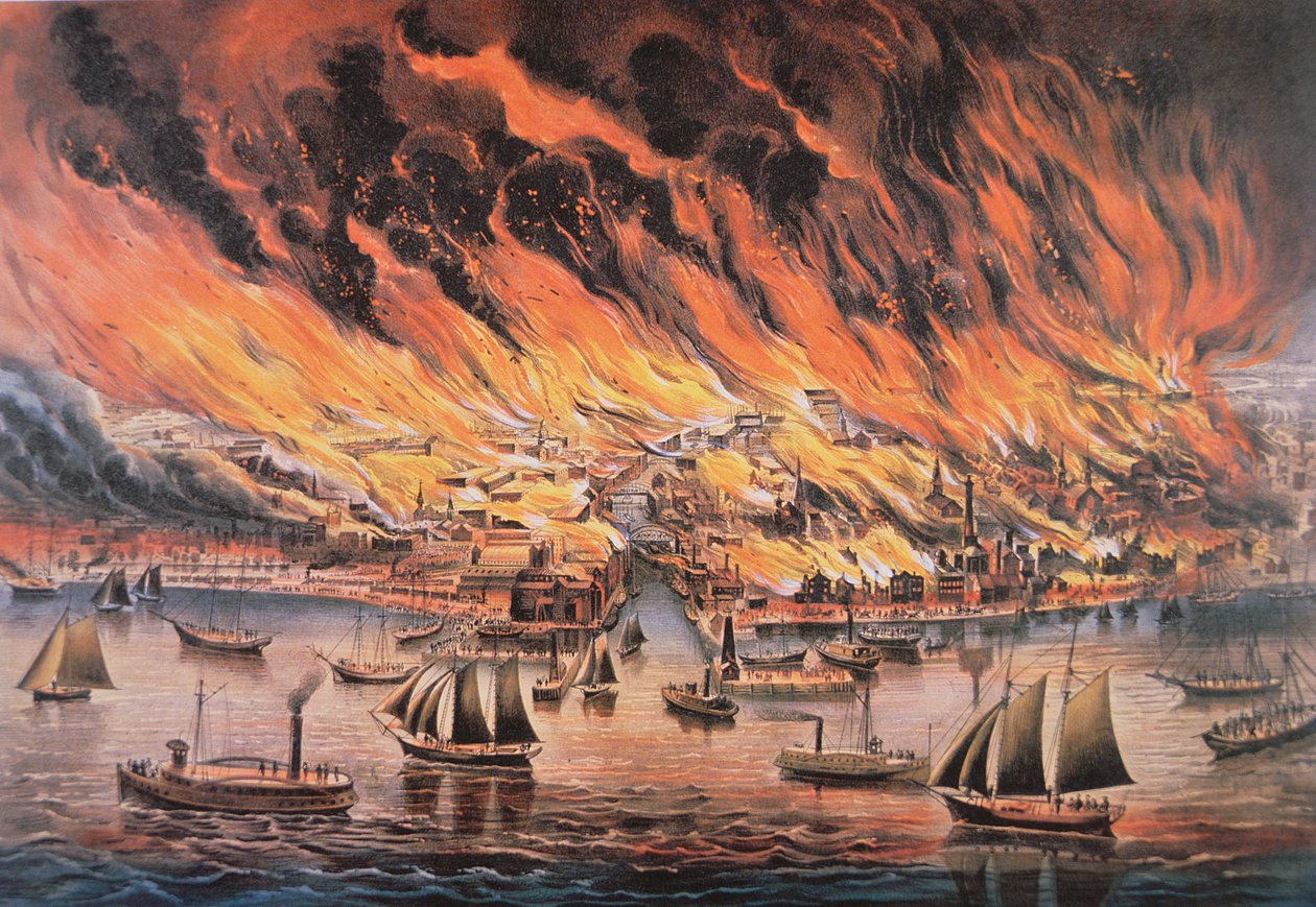 Den store brannen i Chicago av Currier and Ives
