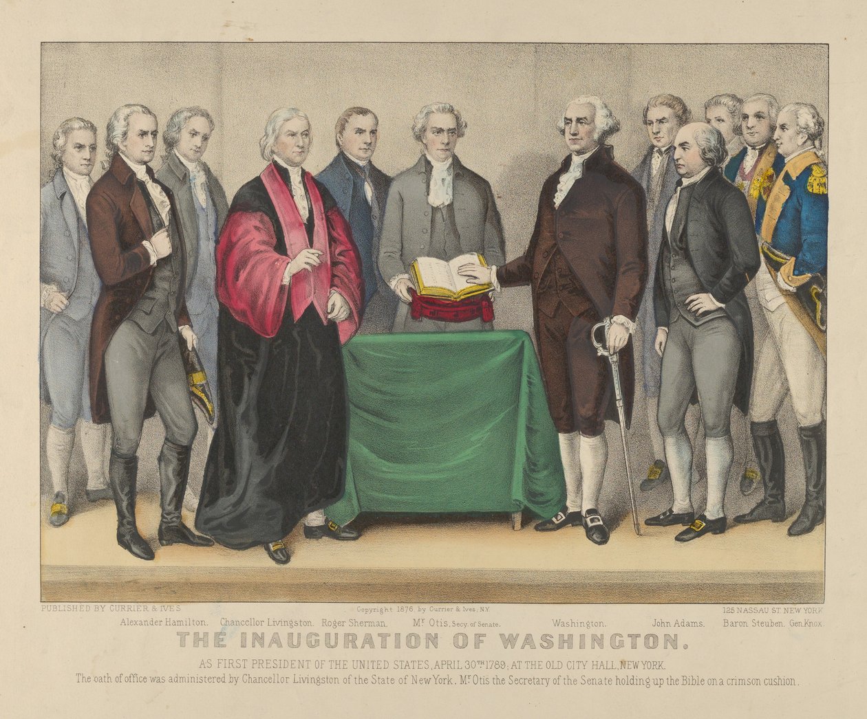 Innsettelsen av Washington som USAs første president 30. april 1789 ved det gamle rådhuset, New York av Currier and Ives