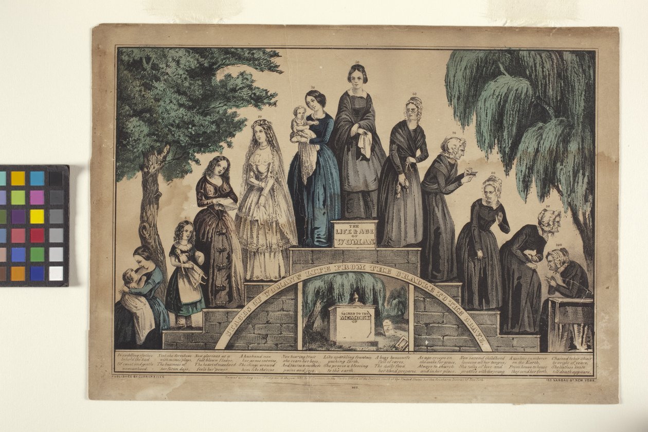 Kvinnens liv og alder/stadier av kvinnens liv fra vuggen til graven (håndkolorert litografi) av N. and Ives J.M. (1824 95) Currier