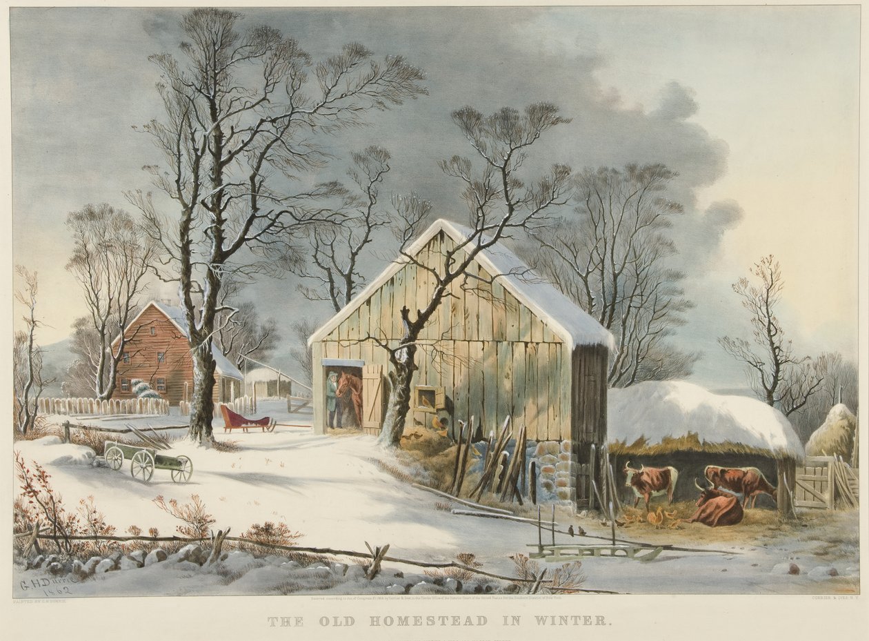 Den gamle husmannsplassen om vinteren av Currier and Ives