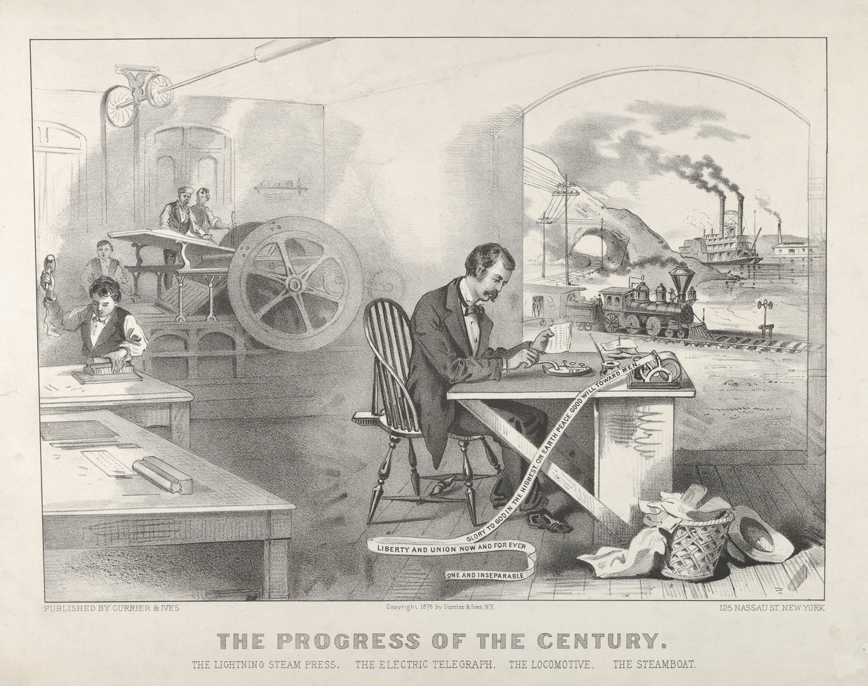 Århundrets fremgang: The Lightning Steam Press, The Electric Telegraph, The Locomotive, The Steamboat av Currier and Ives