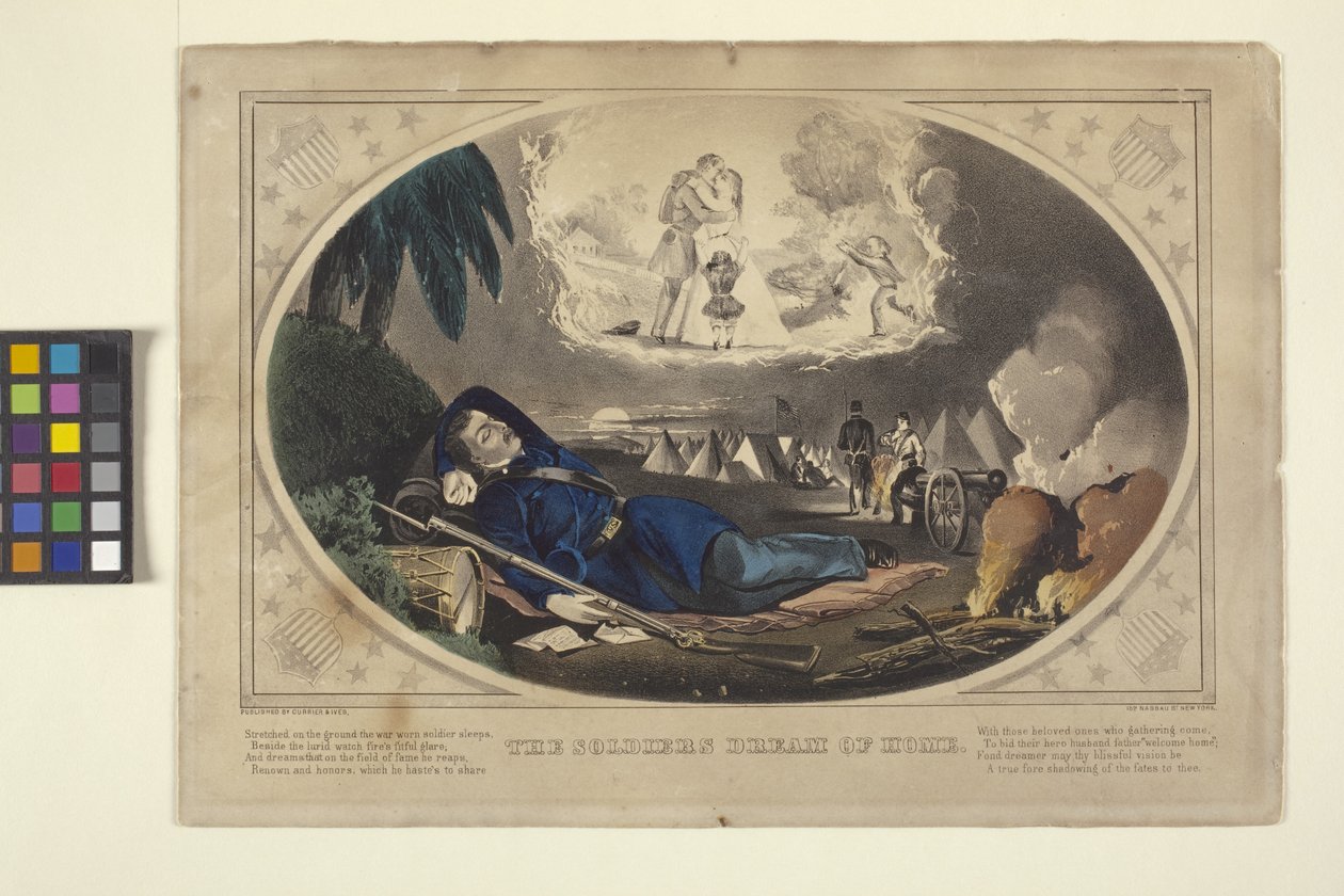 Soldatens drøm om hjemmet (håndfarget litografi) av N. and Ives J.M. (1824 95) Currier