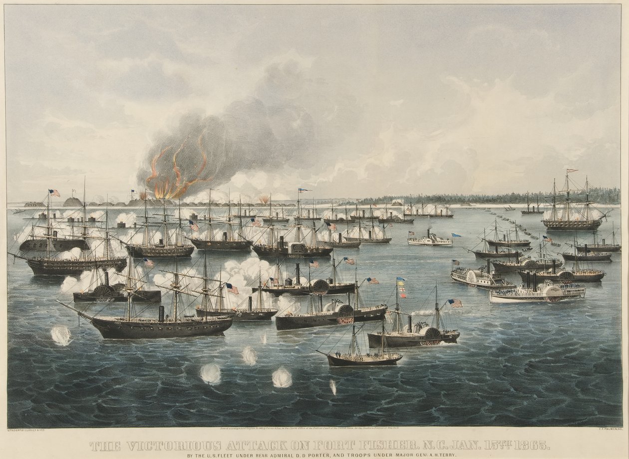 Det seirende angrepet på Fort Fisher, 1865 (fargelitografi) av Currier and Ives