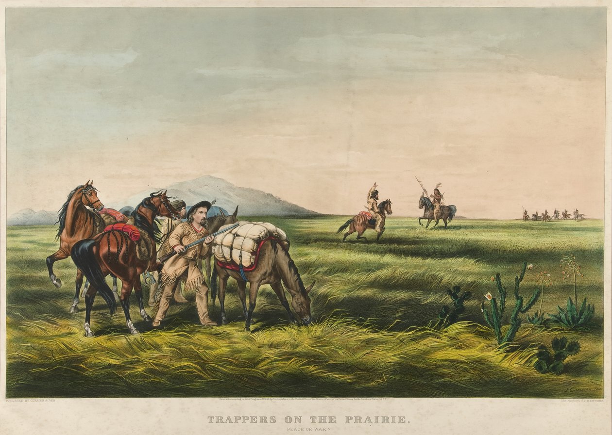 Fangstmenn på prærien / fred eller krig? 1866 (fargelitografi) av Currier and Ives