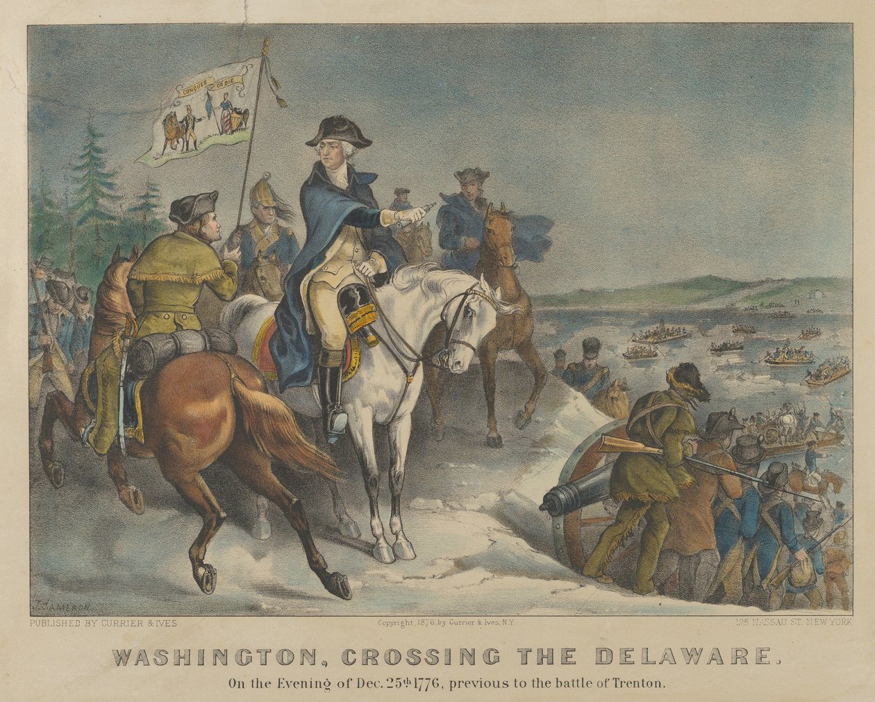 Washington krysser Delaware om kvelden 25. desember 1776, før slaget ved Trenton av Currier and Ives
