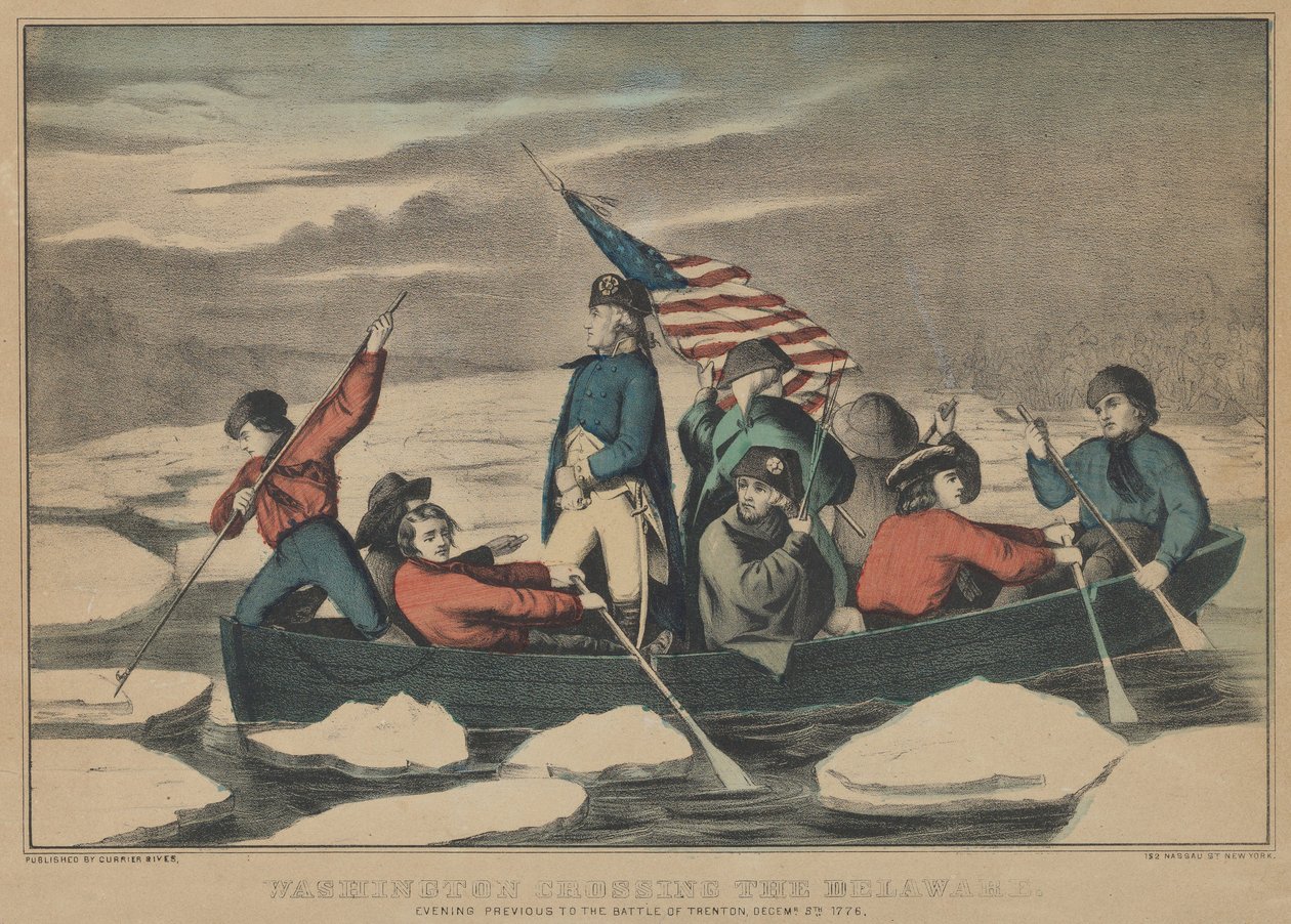 Washington krysser Delaware kvelden før slaget ved Trenton, 5. desember 1776 av Currier and Ives