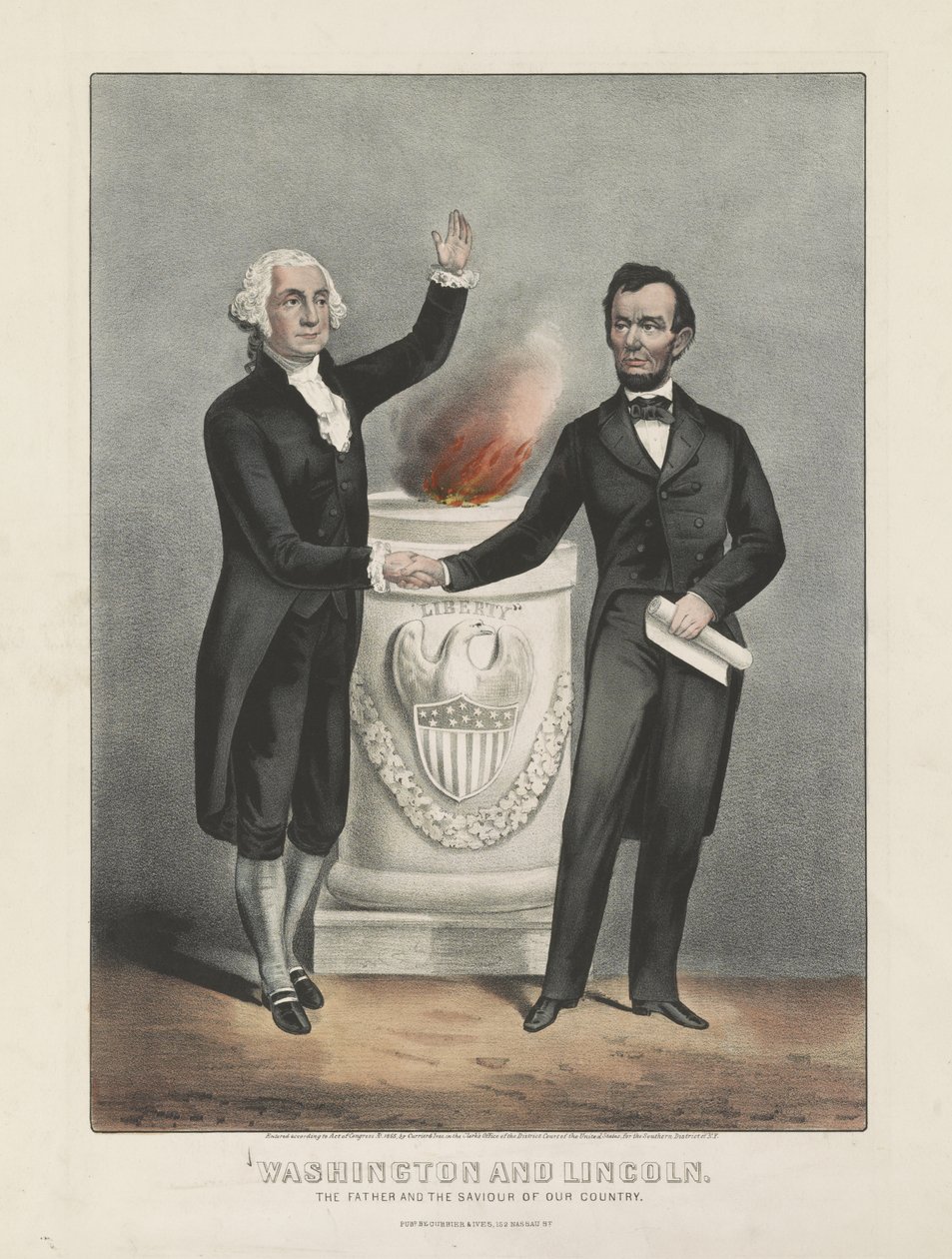 Washington og Lincoln. Vårt lands far og frelser, ca. 1865 (fargelitografi) av Currier and Ives