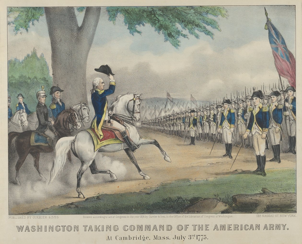 Washington tok kommandoen over den amerikanske hæren i Cambridge, Massachusetts 3. juli 1775 av Currier and Ives