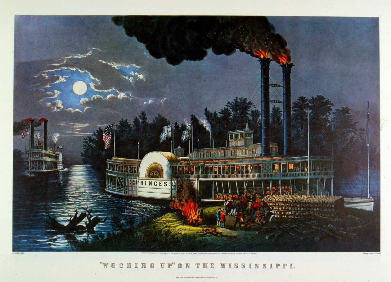 quot;Skoger seg opp ved Mississippiquot;. 1863 (litografi) av N. and Ives J.M. (1824-95) Currier